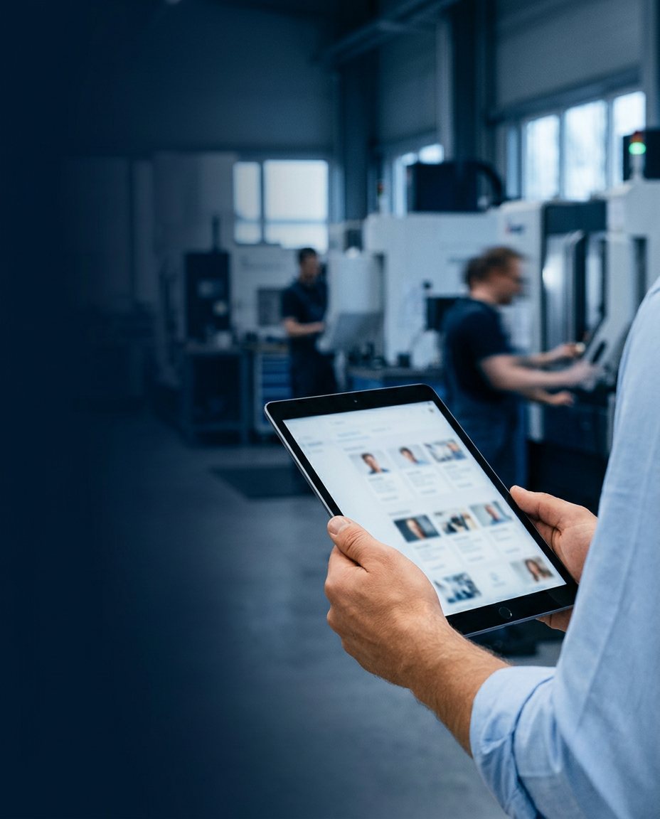 Una persona revisa en una tablet cómo se ve una empresa por dentro de un taller industrial.
